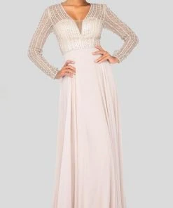 Formal Gowns Terani Couture - Bead-Striped Sheer Long Sleeve Chiffon Gown 1911M9326 - 1 Pc Champagne In Size 20 Available