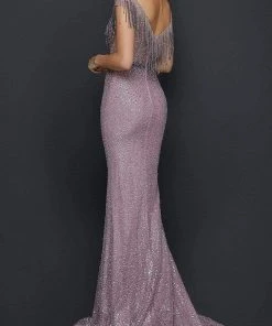 Formal Gowns Terani Couture - Beaded Fringe Off-Shoulder Fitted Dress 2011GL2214 - 1 Pc Blush Mauve In Size 10 Available