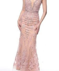 Formal Gowns Terani Couture - Bedazzled Deep V-neck Trumpet Dress 1922GL0681 - 1 Pc Rose Blush In Size 14 Available