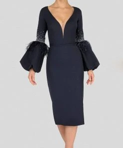 Terani Couture - Feather-Fringe Sleeve Plunging Sheath Dress 1912C9643 - 1 Pc Blush In Size 20 Available