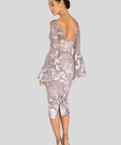 Cocktail Dresses Terani Couture - Long Bell Sleeve Embroidered Lace Dress 1913C9065 - 1 Pc Blush In Size 6 Available