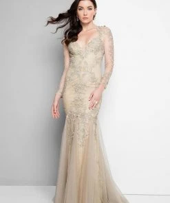 Formal Gowns Terani Couture - Long Sleeve Beaded Applique Mermaid Dress 1711M3407