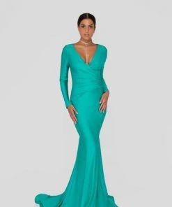 Terani Couture - Long Sleeve Open Back Satin Mermaid Gown 1912P8281 Formal Gowns