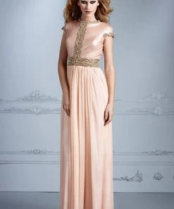 Terani Couture - M2245 Embellished Jewel Cap Sleeves Sheath Long Gown Formal Gowns