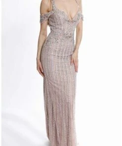 Terani Couture - Metallic Beaded Cutout Sheath Gown 1821GL7440 - 1 Pc Blush Nude In Size 6 Available Formal Gowns
