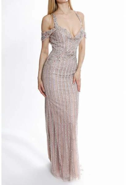 Terani Couture - Metallic Beaded Cutout Sheath Gown 1821GL7440 - 1 Pc Blush Nude In Size 6 Available Formal Gowns 3 Terani Couture - Metallic Beaded Cutout Sheath Gown 1821GL7440 - 1 Pc Blush Nude In Size 6 Available Formal Gowns