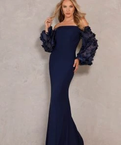 Formal Gowns Terani Couture - Off Shoulder Floral Accent Puff Sleeves Gown 1911E9128