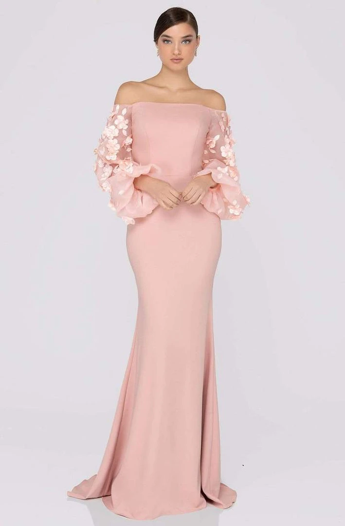 Formal Gowns Terani Couture - Off Shoulder Floral Accent Puff Sleeves Gown 1911E9128 7 Formal Gowns Terani Couture - Off Shoulder Floral Accent Puff Sleeves Gown 1911E9128