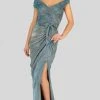 Terani Couture - Off Shoulder Shirred Metallic Gown 1911M9344 - 1 Pc. Gunmetal Silver In Size 12 Available Formal Gowns