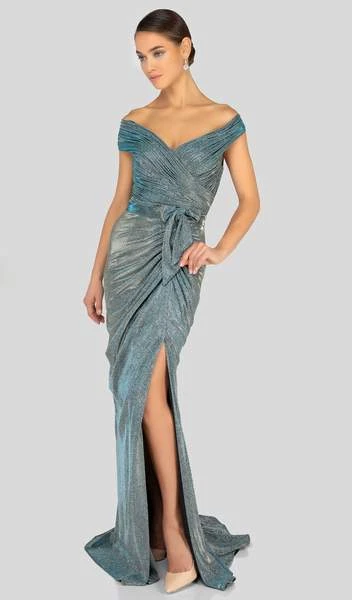 Terani Couture - Off Shoulder Shirred Metallic Gown 1911M9344 - 1 Pc. Gunmetal Silver In Size 12 Available Formal Gowns 3 Terani Couture - Off Shoulder Shirred Metallic Gown 1911M9344 - 1 Pc. Gunmetal Silver In Size 12 Available Formal Gowns