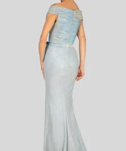 Terani Couture - Off Shoulder Shirred Metallic Gown 1911M9344 - 1 Pc. Gunmetal Silver In Size 12 Available Formal Gowns 9 Terani Couture - Off Shoulder Shirred Metallic Gown 1911M9344 - 1 Pc. Gunmetal Silver In Size 12 Available Formal Gowns