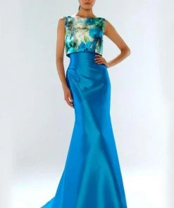 Theia - 882334 Floral Printed Pop Over Mikado Evening Dress Formal Gowns