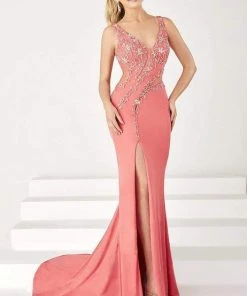 Formal Gowns Tiffany Designs - 16195 Bead Accented V-neck Slim Flare Jersey Dress