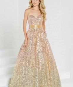 Tiffany Designs - 16264 Strapless Sweetheart Allover Sequined Ombre Ballgown - 1 Pc Burgundy/Rose Gold In Size 6 Available