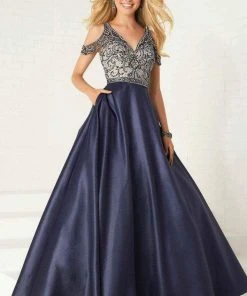 Tiffany Designs - 16283 Beaded V-neck Shimmer Satin A-line Gown Formal Gowns