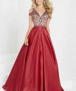 Tiffany Designs - 16283 Beaded V-neck Shimmer Satin A-line Gown Formal Gowns