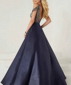 Tiffany Designs - 16283 Beaded V-neck Shimmer Satin A-line Gown Formal Gowns