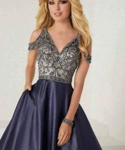 Tiffany Designs - 16283 Beaded V-neck Shimmer Satin A-line Gown Formal Gowns