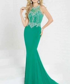 Formal Gowns Tiffany Designs - 16293 Embellished Illusion Halter Jersey Dress
