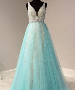 Tiffany Designs - 16360 Plunging Adorned Bodice A-Line Gown