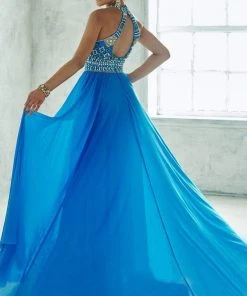 Tiffany Designs - 46032 Stylish Bead-Embellished Halter Gown With Sheer Layering Formal Gowns