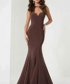 Tiffany Designs - 46114 Halter Jersey Trumpet Dress With Cutouts