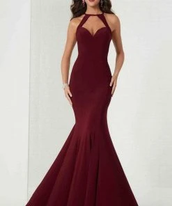 Tiffany Designs - 46114 Halter Jersey Trumpet Dress With Cutouts