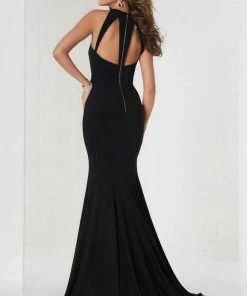 Tiffany Designs - 46114 Halter Jersey Trumpet Dress With Cutouts