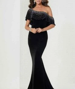 Formal Gowns Tiffany Designs - 46125 Embellished Asymmetric Velvet Trumpet Dress
