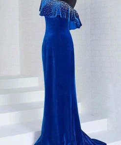 Formal Gowns Tiffany Designs - 46125 Embellished Asymmetric Velvet Trumpet Dress