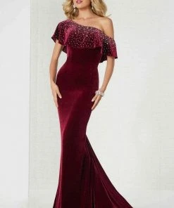 Formal Gowns Tiffany Designs - 46125 Embellished Asymmetric Velvet Trumpet Dress