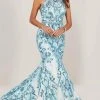 Tiffany Designs - Beaded Lace Halter Mermaid Gown 16336 - 1 Pc Sky Blue/Nude In Size 4 Available
