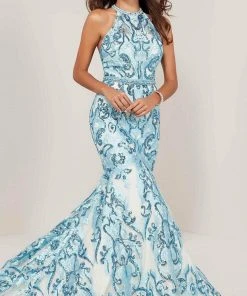 Tiffany Designs - Beaded Lace Halter Mermaid Gown 16336 - 1 Pc Sky Blue/Nude In Size 4 Available