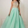 Tiffany Designs - Jeweled Illusion Halter Brocade Ballgown 16289 - 1 Pc Nude/Aqua In Size 4 Available