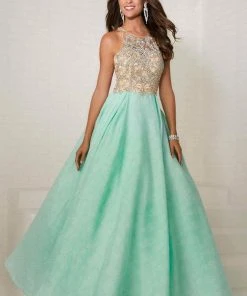 Tiffany Designs - Jeweled Illusion Halter Brocade Ballgown 16289 - 1 Pc Nude/Aqua In Size 4 Available