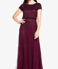 Adrianna Papell 191916100 - Cap Sleeve Beaded Mesh Evening Dress