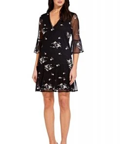 Adrianna Papell - AP1D103148 Floral Embroidered V-neck A-line Dress