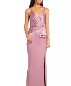 Adrianna Papell - AP1E204704 Pleated V-neck Satin Sheath Dress