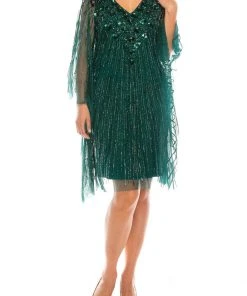 Adrianna Papell AP1E205532 - Fringed Batwing Sleeved Short Dress
