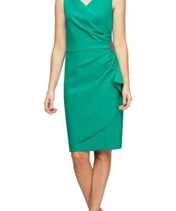 Alex Evenings - 134005 Faux Surplice Fitted Dress With Jewel Accent