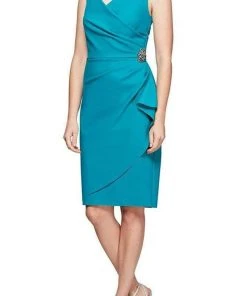 Alex Evenings - 134005 Faux Surplice Fitted Dress With Jewel Accent