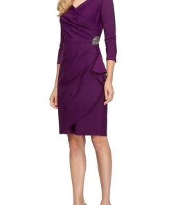 Alex Evenings - 134134 Quarter Sleeves Surplice Bodice Sheath Dress