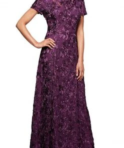 Alex Evenings - 212788 Rosette Lace Sequin Short Sleeve A-Line Gown