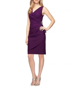 Alex Evenings - 234005 Faux Wrap Fitted Dress With Jewel Accent