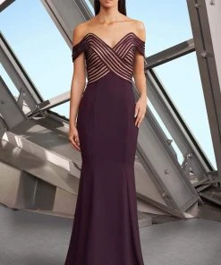 Alexander By Daymor - 1163 Crisscross Stripe Ornate Off Shoulder Dress