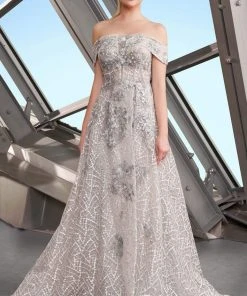 Alexander By Daymor - 1181 Glitter Off-Shoulder A-Line Gown