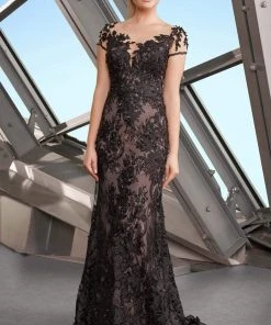 Alexander By Daymor - 1189 Short Sleeve Illusion Floral Lace Gown