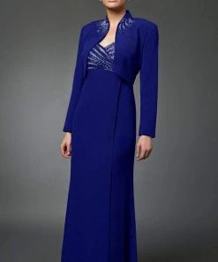 Alexander By Daymor - 3112 Beaded V-neck Dress With Long Sleeve Bolero