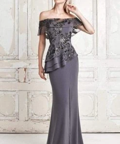 Alexander By Daymor - Embroidered Off Shoulder Peplum Long Gown 773 - 1 Pc Slate In Size 14 Available