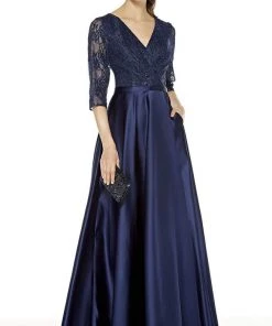 Alyce Paris - 27387 Lace V-Neck Satin A-Line Dress